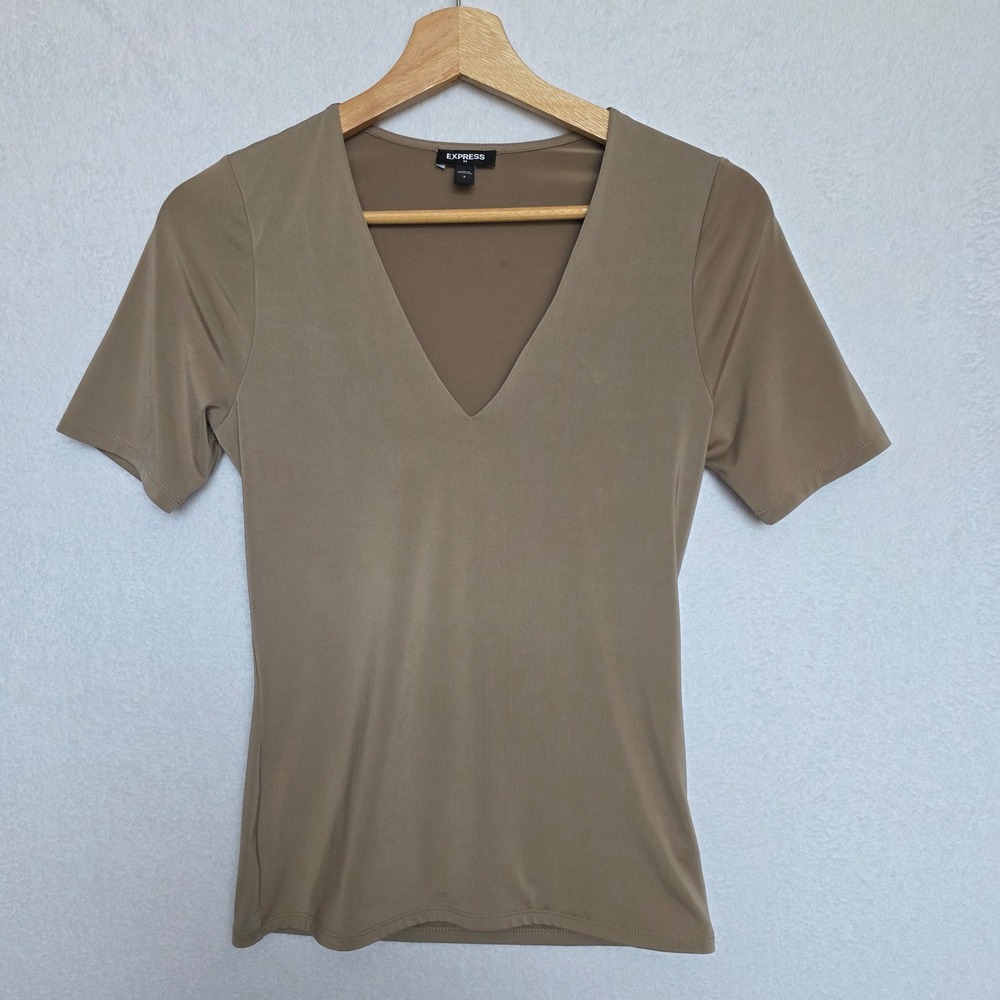 Express V-Neck Top Women Size S Taupe Good Short Sleeve Spandex Stretch Tee - Picture 2 of 10